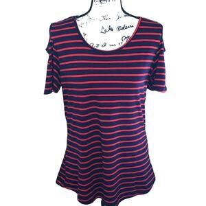 Vemvan navy & red striped cold shoulder short‎ sleeve blouse medium